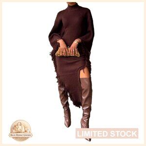 Fringe Tassel Maxi Sweater Dress Batwing Sleeve Turtleneck Sexy Side Slit